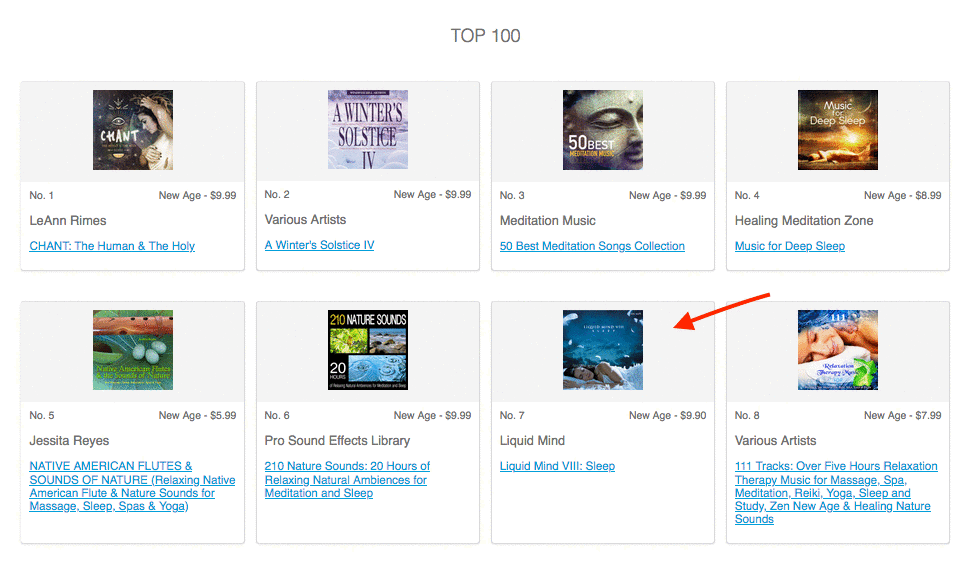 iTunes Top 100 New Age Album Chart with Liquid Mind VIII: Sleep at No. 7